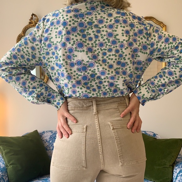 🇬🇧 60s 70s Vintage Flower Power 🌼Blouse Floral Button up Shirt Blue Green M/L - Picture 6 of 10